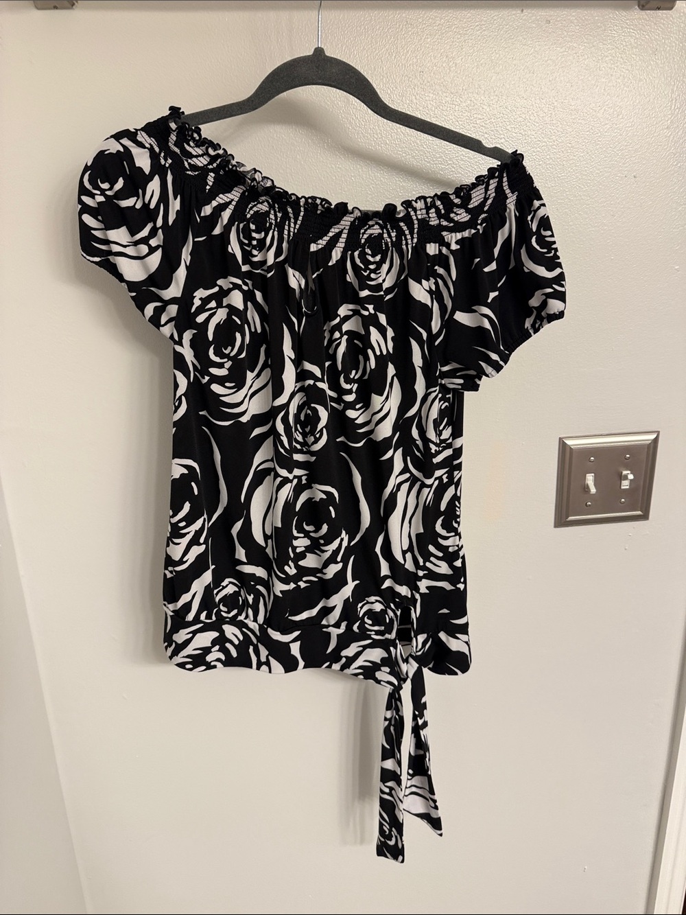 White House Black Market Black and White Floral Off-Shoulder Top with Side Tie